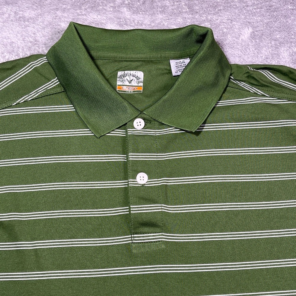 Callaway Golf Polo Shirt Men's Large C-Tech Striped Short Sleeve Olive Green